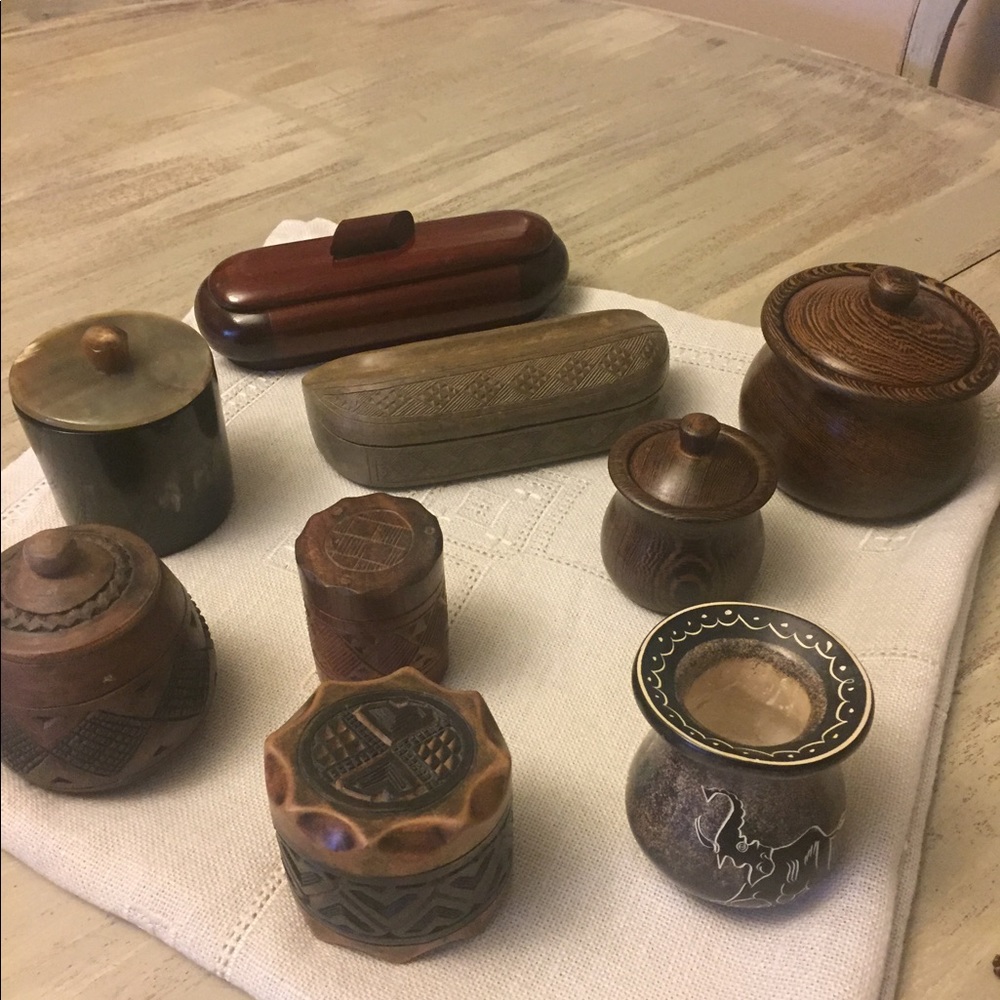 Assorted wood, stone and horn boxes from Africa